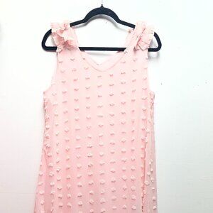 Pink Swiss Dot Dress Medium | Textured Feminine Midi Dress for Women